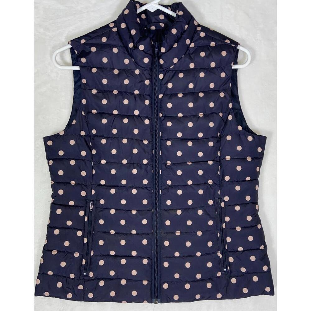 Colebrook Essentials navy and mauve pink polka dot puffer vest small